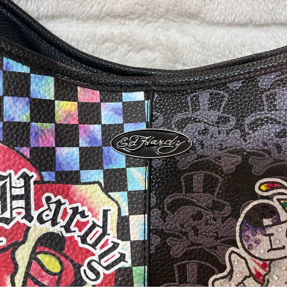 Ed Hardy “Love Kills Slowly” Colorful Graphic Hobo Tote with Rhinestones - Picture 5 of 13